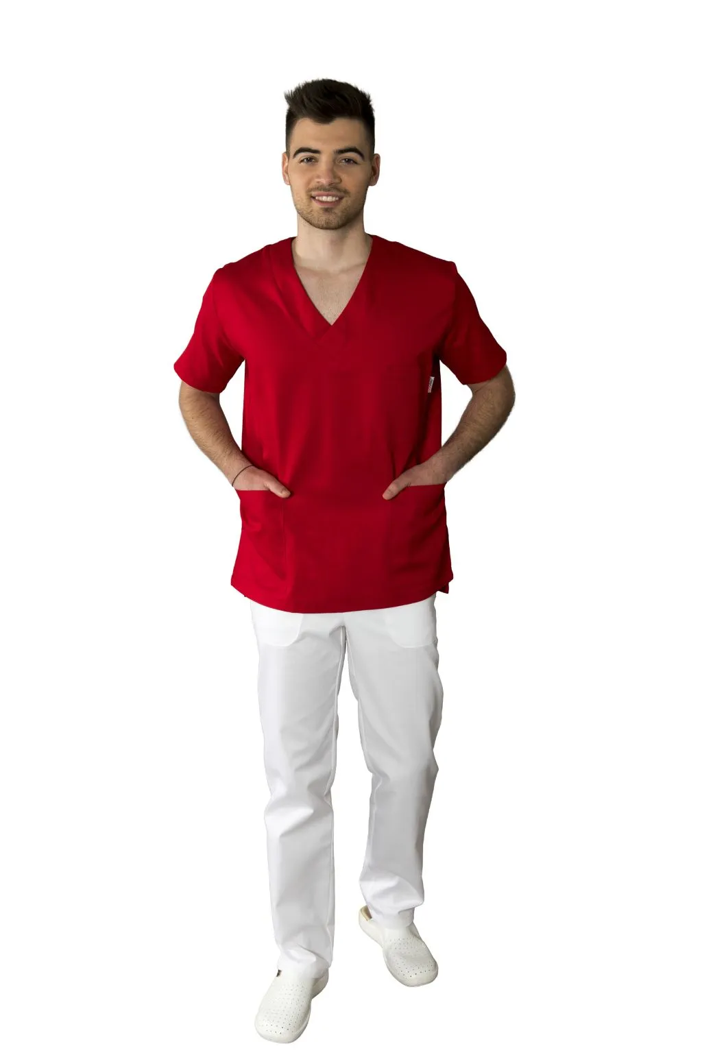 muska-radna-bluza-model-0082-prednja Muška radna bluza 0082 bijela – medicinska bluza na V izrez s prednjim džepovima