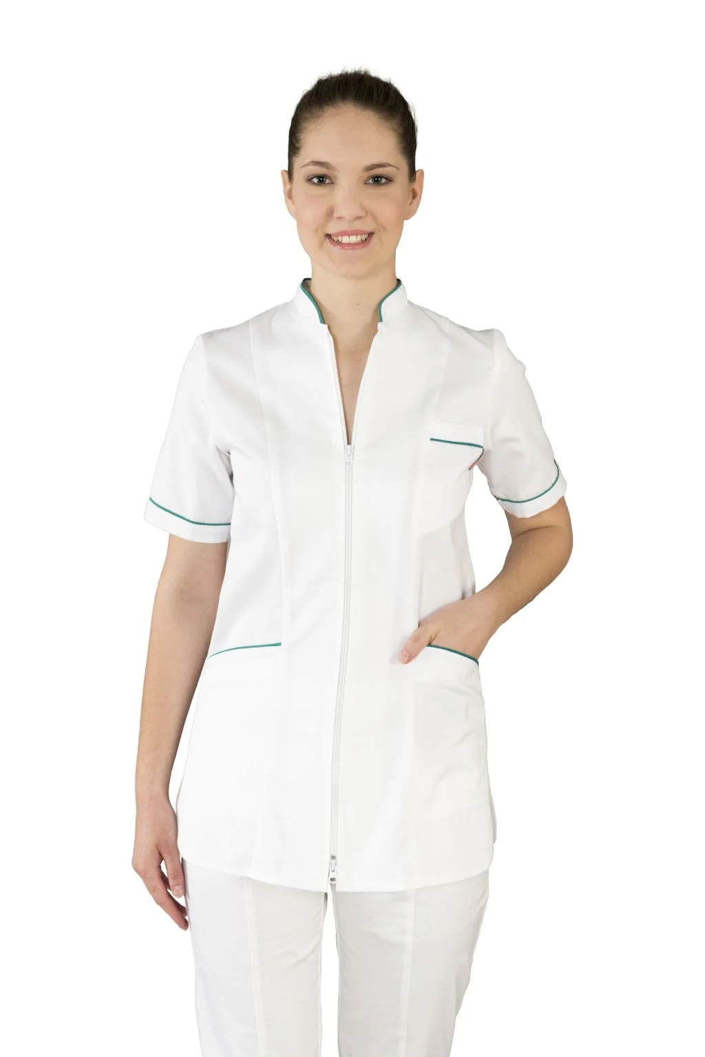 zenska-radna-jakna-model-0057-prednja Ženska radna jakna 0057 bijela – medicinska jakna kratkih rukava s patentnim zatvaračem