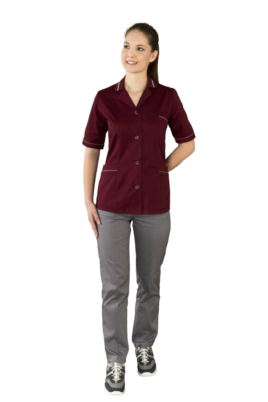 zenska-radna-jakna-model-0064-prednja Ženska radna jakna 0064 bordo – medicinska jakna kratkih rukava s gumbima sprijeda